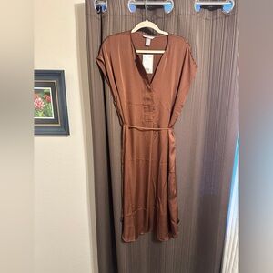 H&M Chocolate Brown Satin-Like Midi Dress